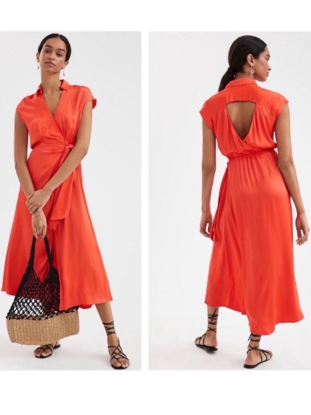$148 Anthropologie Maeve Open-Back Wrap Midi Dress Size XXS Fiery orange red